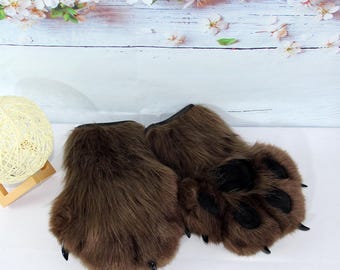 Brown Fursuit Hand Paws,Fluffy Custom Furry Cosplay Gloves.