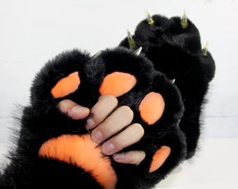 Black Fursuit Paws with Orange Paw Pads, Fingerless Furry Hand Paws, Custom Handmade Fursuit Claws, Cosplay Fursuit Partial Paws.
