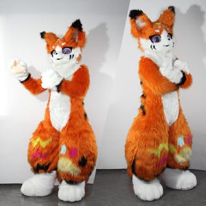 Oranje kemonokattenbontpak, op maat gemaakt harig kostuum, harige handpoten, bontmuts, Fursona-voetpoten.