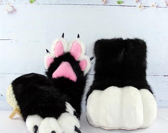 Handmade plush paw and foot covers, available in a variety of colors, for cosplay plush costumes.