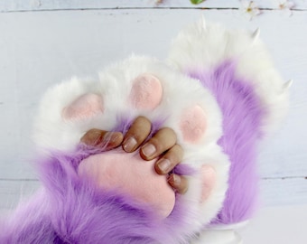 Purple and white plush cat fingerless paw gloves, cute kitten role-playing paw covers, plush clothing accessories, soft plush cat paws.