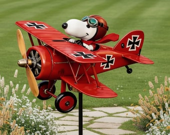Snoopy Red Baron Metall-Windspiel im Vintage-Stil, Doppeldecker aus dem Ersten Weltkrieg, Fliegerass-Hund, Doppeldecker-Windmühle | Vintage-Pilot-Garten-Windspiel, 2D-Dekoration
