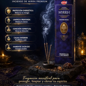 Puede incluir: Imagen de varillas de incienso de mirra con una caja morada, incienso quemándose y texto en español. La caja dice "MYRRH INCENSE STICKS" y "HAND CRAFTED IN INDIA A HEM PRODUCT". El texto en el lado izquierdo de la imagen dice "PROTECCIÓN ENERGÉTICA" y "LIMPIEZA PROFUNDA".