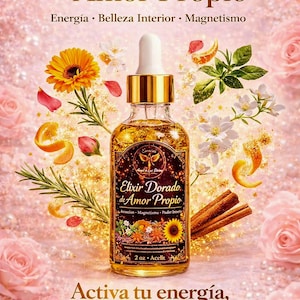 May include: A decorative glass bottle with a dropper, filled with golden liquid, and the words "Elixir Dorado de Amor Propio." The image features flowers, cinnamon sticks, and the text "Energía, Belleza Interior, Magnetismo." The bottle is 60 ml.