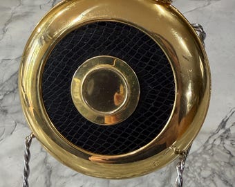 Vintage Gold Tone Round Hip Flask Black Leather Inlay Luxury Whiskey Flask Barware Gentleman Gift Unique Flask Groomsmen Gift