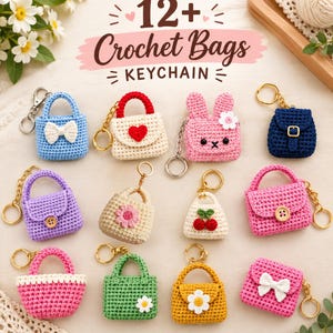 May include: A collection of twelve miniature crochet bag keychains in various colors and designs, including shapes like handbags, backpacks, and animal faces. Each keychain features a metal ring and displays details like bows, flowers, hearts, and buttons.