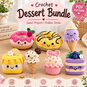 Pode incluir: Um padrão PDF digital para um conjunto de sobremesas em crochê, incluindo vários amigurumis como donuts, cones de sorvete, um cupcake e fatias de bolo. Cada item tem um rosto sorridente e detalhes em fios coloridos.
