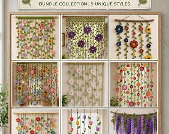 May include: A collection of nine handmade crochet curtains featuring various floral designs, including hanging vines, colorful blossoms, and tulip patterns. The text at the top reads PREMIUM HANDMADE CROCHET CURTAIN BUNDLE COLLECTION | 9 UNIQUE STYLES.