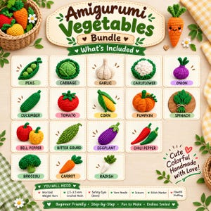 Può includere: Un set di schemi all'uncinetto intitolato Amigurumi Vegetables che presenta illustrazioni di varie verdure tra cui piselli, cavolo, aglio, cavolfiore, cipolla, cetriolo, pomodoro, mais, zucca, spinaci, peperone, melone amaro, melanzana, peperoncino, broccoli, carota e ravanello.