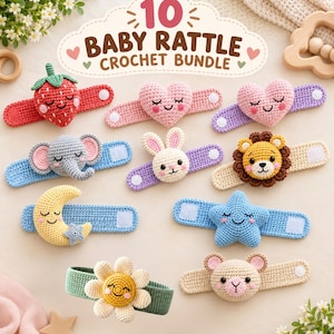 May include: A bundle of 10 crochet baby rattle wristbands featuring various characters including a strawberry, hearts, an elephant, a rabbit, a lion, a moon, a star, a flower, and a bear, each with a velcro closure and embroidered facial features.