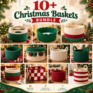 May include: A collection of 10+ crochet baskets in various designs, including solid green, red, and cream colors, as well as striped and checkered patterns. Some baskets feature scalloped edges, tassels, or handles, all displayed together.