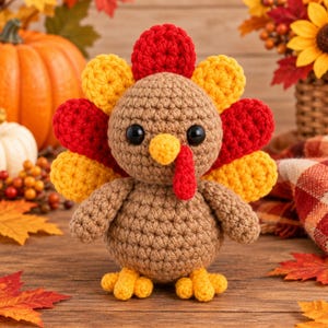 May include: A crochet turkey figurine with a round tan body, a yellow beak, a red wattle, and black plastic eyes. The tail feathers are arranged in a fan shape, featuring alternating layers of red and yellow crocheted petals.