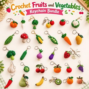 May include: A collection of crochet fruit and vegetable keychains featuring a pumpkin, radish, leafy greens, tomato, cauliflower, mushroom, corn, peas, carrot, mango, broccoli, cucumber, onion, aubergine, strawberry, garlic, cabbage, cherries, orange, apple, grapes, chilli, pear, banana, and kiwi.