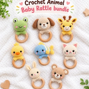 May include: A collection of eight crochet animal baby rattles featuring a frog, dog, giraffe, duck, fish, cat, rabbit, and bear, each attached to a smooth wooden ring. The text Crochet Animal Baby Rattle bundle is displayed above.