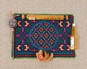 24X35 cm. 9.5X14" Hand stitched, Kene' Shipibo embroidered tapestry for altar, shrine, mesa, tarot. Unique gift from Amazonian Peru. 119