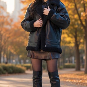 Black Shearling Bomber Jacket, Women's Oversized Faux Fur Lined Leather Coat, Sherpa Aviator Jacket, Fall Winter Outerwear