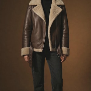 Brown Shearling Jacket, Women's Leather Biker Jacket, Belted Sheepskin Moto Coat, Oatmeal Fur Collar Jacket