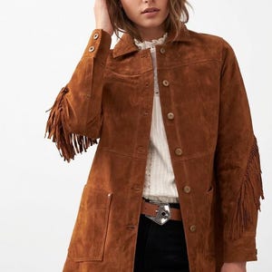 Women's Genuine Suede Fringe Jacket, Rust Cognac Leather Jacket, Western Boho Suede Coat with Fringe Sleeves, Fall Outerwear Gift