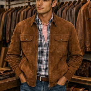 Könnte beinhalten: Braune Wildlederjacke mit zwei Vordertaschen und einem Reißverschluss. Die Jacke wird über einem karierten Hemd und einem rosa Poloshirt getragen. Die Person trägt eine blaue Jeans und einen braunen Gürtel. Lederjacken hängen im Hintergrund.