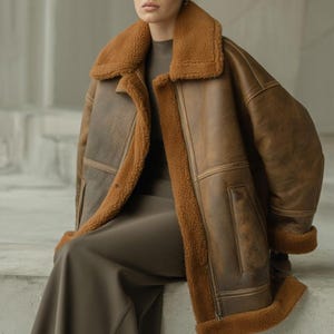 Oversized Shearling Jacket, Women's Brown Leather Coat, Distressed Sheepskin Aviator Jacket, Cognac Fur Collar Coat