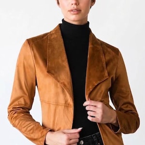 Women's Brown Suede Blazer Jacket, Camel Waterfall Lapel Coat, Vegan Suede Cropped Jacket, Fitted Fall Outerwear, Gift for Her