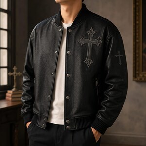 Men's Black Genuine Leather Bomber Jacket, Gothic Cross Patch Varsity Jacket, Vintage Distressed Moto Jacket, Streetwear Gift for Him