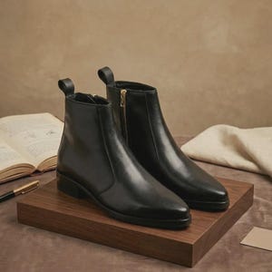 Pointed Cuban Chelsea Boots Black & Cherry | Handmade Leather Gold Chain Men's Heel
