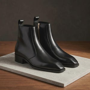 May include: A pair of black leather ankle boots with a square toe and a low block heel. One boot has a zipper on the side. The boots are displayed on a light gray surface against a dark background.