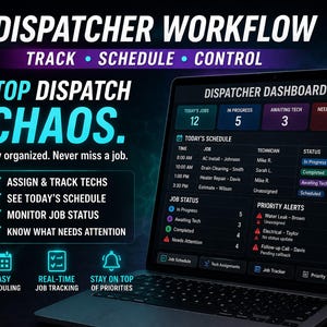 May include: A laptop screen displays a dispatcher dashboard with job scheduling and tracking information. The screen shows job status, priority alerts, and the text "STOP DISPATCH CHAOS."