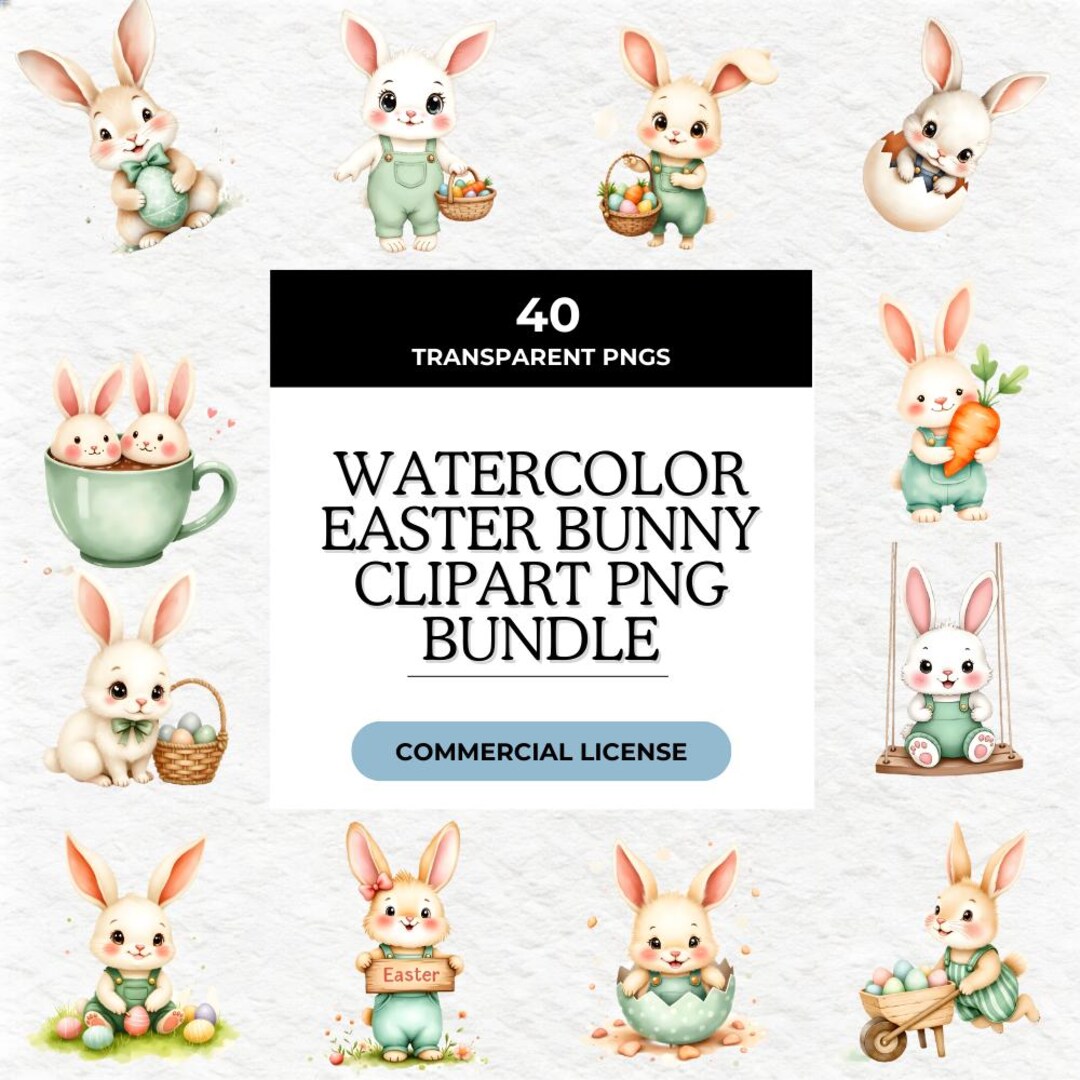 Watercolor Easter Bunny Clipart PNG Bundle, Spring Graphics, Nursery ...