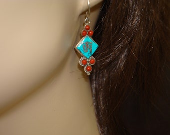 Bohemian Gypsy Indian Vintage Tibetan Turquoise Silver Tone Om Earrings #32 main image 1