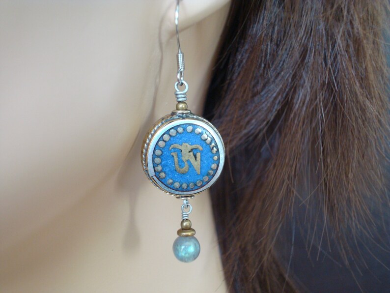 Women's Lapis Tibetan Om Earrings // Jewelry, Women's Jewelry, Yoga Jewelry, Earrings image 2