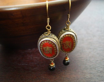 Women's Tibetan Coral Om & Onyx Earrings // Double Sided Om Earrings // Women's Jewelry, Yoga Jewelry, Earrings