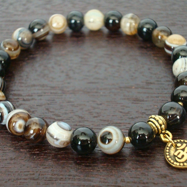 Men's Strength Mala Bracelet // Sardonyx, Banded Onyx, & Om Mala Bracelet // Yoga, Buddhist, Meditation, Prayer beads, Jewelry