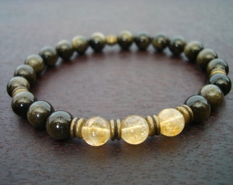 Men&#39;s Citrine & Obsidian Good Fortune Mala Bracelet // Goldsheen Obsidian, Citrine Mala Bracelet // Yoga, Buddhist, Mala Beads, Jewelry