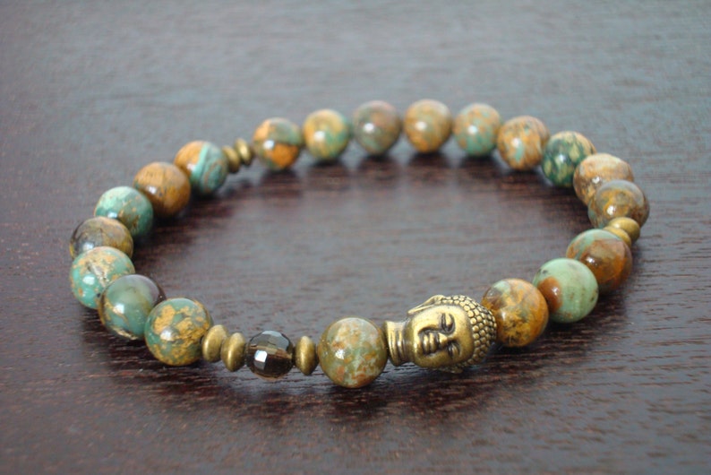 Women's Green Opal Akasha Mala Bracelet // Green Opal & Smoky Quartz Buddha Bracelet // October Libra Birthstone image 1