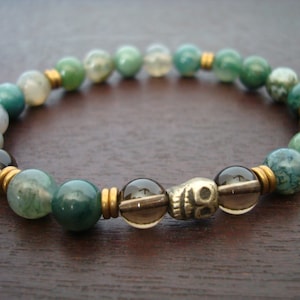 Herren Moosachat Weisheit & Wohlstand Mala Armband // Tibetanischer Schädel Mala Armband // Yoga, Buddhist, Mala Beads, Prayer Beads, Schmuck