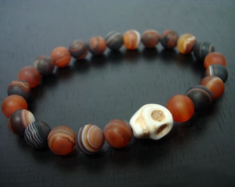 Men's Wisdom & Positivity Mala Bracelet // Matte Red Sardonyx and White Skull Mala Bracelet // Yoga, Buddhist, Meditation, Prayer Beads