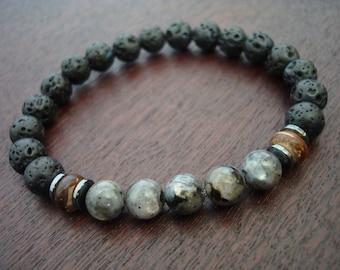 Men&#39;s Black Moonstone Mala Bracelet // Black Moonstone & Lava Rock Mala Bracelet // Yoga, Buddhist, Meditation, Prayer Beads