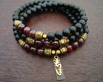 Granat Om Ah Hum Mala Halskette oder Wickelarmband // Oder Anhänger // Yoga, Buddhist, Gebetskette, Schmuck