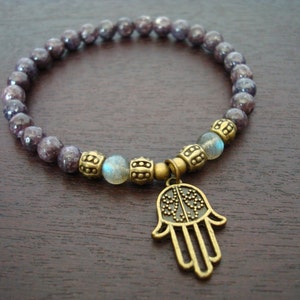 Women&#39;s Lepidolite Calm & Balance Mala Bracelet // Lepidolite and Hamsa Mala Bracelet // Yoga, Buddhist, Jewelry, Mala Beads, Prayer Beads