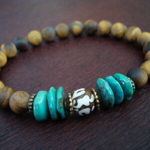Women&#39;s Turquoise & Tiger&#39;s Eye Compassion Mantra Mala Bracelet // Yoga, Buddhist, Meditation, Mala Beads, Jewelry, Yoga Bracelet