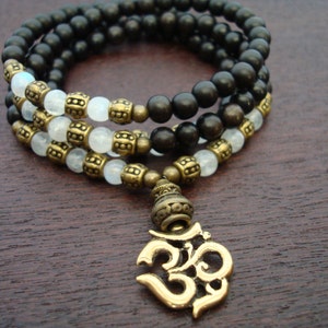 Women&#39;s Moonstone Om Mala // Love & Abundance Mala Necklace or Wrap Bracelet // Yoga, Buddhist, Prayer Beads, Jewelry