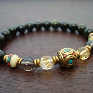 Men&#39;s Tibetan Citrine Luck & Fortune Mala Bracelet // Citrine, Obsidian, Smoky Quartz Mala Bracelet // Yoga, Buddhist, Mala Beads, Jewelry