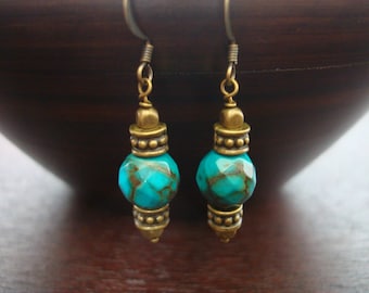 Women's Tibetan Turquoise Earrings // Genuine Faceted Tibetan Turquoise & Antique Brass Earrings // Yoga, Buddhist, Women, Jewelry, Earrings