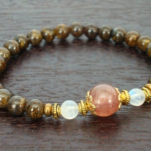 Women&#39;s Balance & Stability Mala Bracelet // Pink Muscovite, Moonstone, and Bronzite Mala Bracelet // Yoga, Buddhist, Prayer Beads, Jewelry