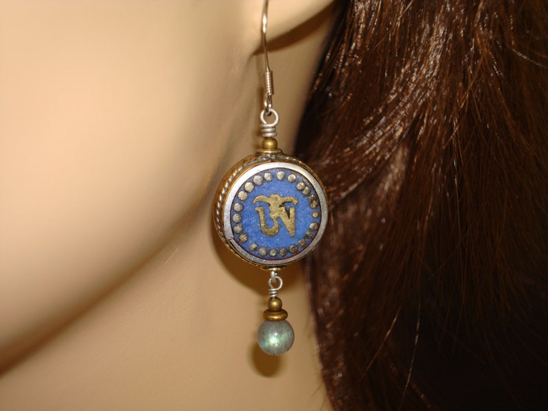 Women's Lapis Tibetan Om Earrings // Jewelry, Women's Jewelry, Yoga Jewelry, Earrings image 1