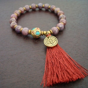 Women&#39;s Lepidolite Patience & Balance Tassel Mala Bracelet // Third Eye Chakra Bracelet // Yoga, Buddhist, Mala Beads, Meditation, Jewelry