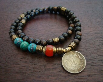 Tibetan Capped Carnelian Indian Coin Mala Bracelet // Chrysocolla 54 Bead Double Wrap Mala Bracelet // Yoga, Buddhist, Prayer Beads, Jewelry