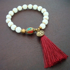 Women&#39;s White Jade Luck & Love Tassel Mala Bracelet // Yoga, Buddhist, Meditation, Mala, Beads, Prayer Beads, Jewelry, Yoga Bracelet